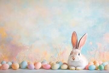 Bunny ears with colorful eggs on pastel background