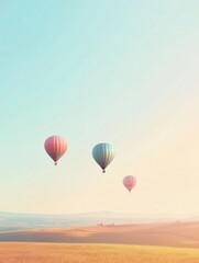Fototapeta premium Hot air balloons drift gracefully over a vast golden field during a serene sunrise. Generative AI