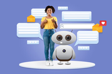 A young woman enthusiastically interacts with a friendly robot to demonstrate how artificial intelligence can assist in daily tasks.