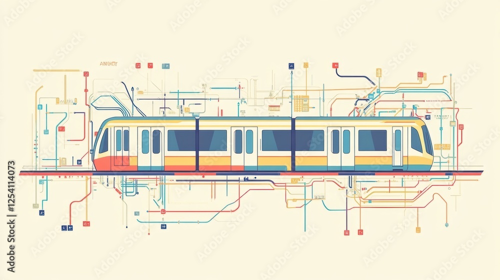 Poster metro station layout and subway map illustration featuring a colorful underground train design. gene