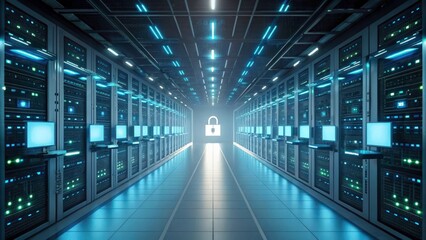 Fototapeta premium a futuristic server room with glowing blue lights and a padlock in the distance. This image evokes feelings of data security, confidentiality, and technological innovation. 