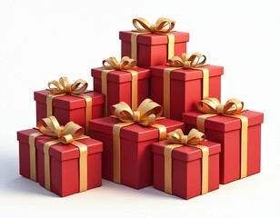 Obraz premium Stack of beautifully wrapped red gift boxes with golden ribbons. Attractively enclosed presents, celebration ornaments. Showcase gesture thoughtfulness, surprise, seasonal festive holiday colourful