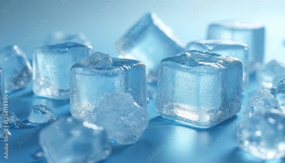 Aufkleber pile of transparent ice cubes with bluish background. cool wet frozen water square rocks, light refl