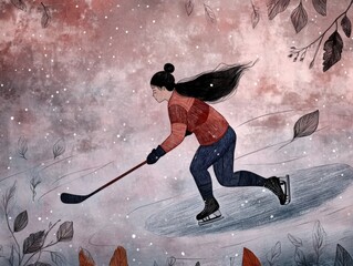 Young woman skating on ice with a hockey stick in a snowy landscape