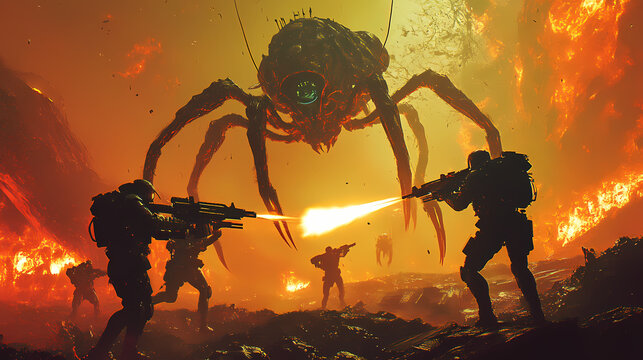 Three futuristing soldiers fire heavy weaponry into an oncoming horde of giant insectoid aliens on a fiery planet. generative ai illustration. Insectoid Metropolises. Illustration