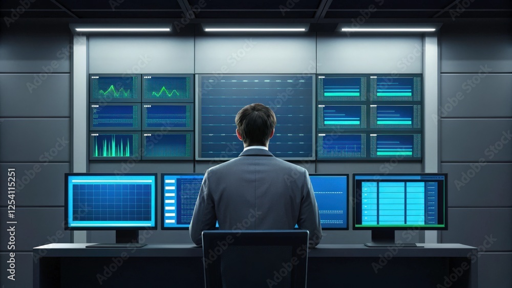Poster a businessman sits before a bank of monitors displaying complex data charts and graphs. the scene is