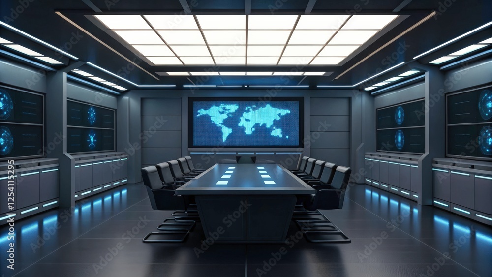 Poster futuristic conference room with a large screen displaying a world map and multiple monitors showing 