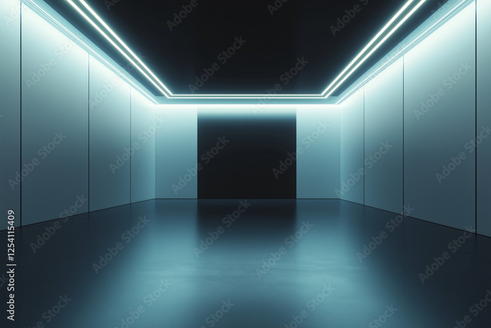 Poster cyberpunk gallery: a minimalist, futuristic gallery space is bathed in cool cyan neon light, creatin