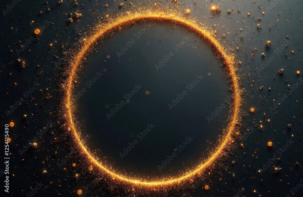 Poster Glittering gold ring on dark background. Glowing circular design with sparkling metallic particles. Luxury festive background for party, Christmas, New Year eve, other celebrations. Shiny decoration.