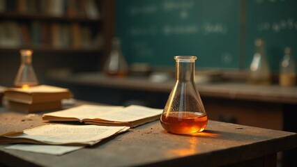 Cluttered laboratory workbench with mercury droplet, dusty beakers, scattered papers, and chalkboard equations
