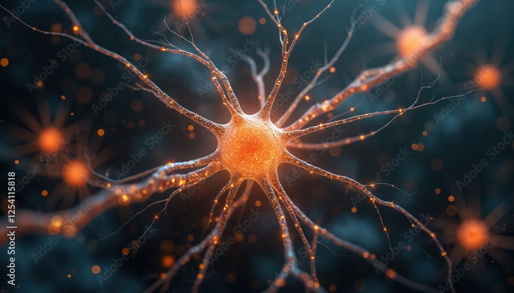 Poster neuron nerve cells send electric signals in human brain for neural activities. neuroscience concept.