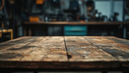 Fototapeta premium Rustic Wooden Table in a Workshop Setting