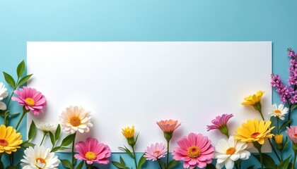 Illustration of white paper banner with colorful flower stickers and decorations. Frame of floral blossoms and green leaves on light blue background. Fun, playful design for cards.