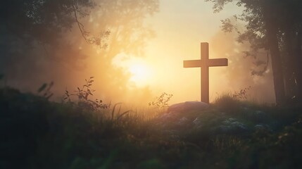 Fototapeta premium Cross and empty tomb at sunrise with soft light