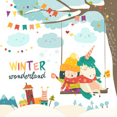 Obraz premium Cute girl and unicorn swinging in winter park. Vector greeting card