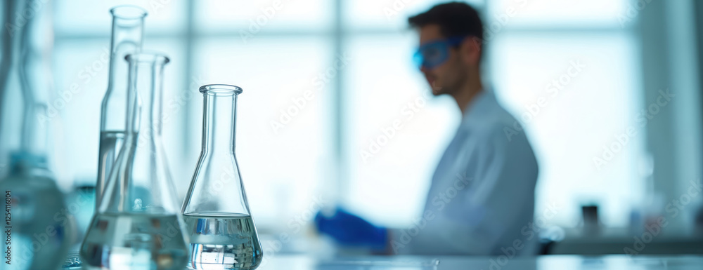 Poster Clear flasks with liquid stand on table in medical science lab. Blured scientist in protection glasses does experiments. Blue color background is ideal for banners.