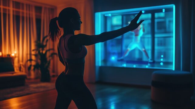 Smart Mirror Fitness TechnologyA person using a smart mirror in their living room for home workouts, interacting with virtual fitness trainers and performance tracking.