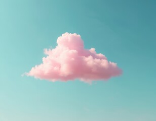 Single pink cloud in middle of clear blue sky. Minimal nature theme. Light, airy texture. Fluffy cloudscape for dream, imagination, abstract or wallpaper background.
