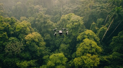 Drone Used for Environmental Monitoring A drone flying over a forest, capturing aerial images to monitor environmental changes, showing the application of drones in environmental science.
