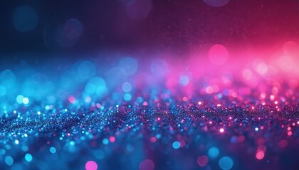 Vibrant neon glitter background with grain texture. Defocused sparkles, bokeh glow. Fluorescent blue magenta pink gradient shimmering sequin pattern. Abstract modern design, party background, festive