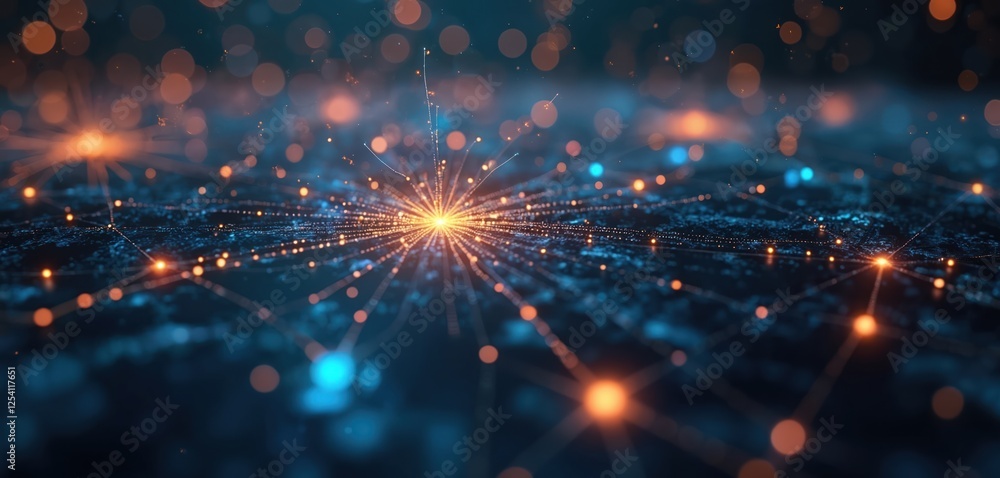 Poster Illustration displays futuristic tech network nodes, orange and blue colors. Internet connection web data, blockchain peer links, cloud technologies and decentralized storage abstract cyber reality.
