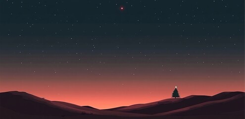 A charming digital artwork featuring a snowy Christmas tree amidst a winter landscape blanketed by snow. The scene is presented in horizontal format with a blue hue