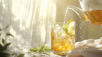 Refreshing iced tea being prepared in a bright and airy kitchen with natural light and fresh ingredients