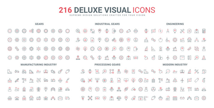 Industry, manufacturing and transport infrastructure, gears and cogwheels line icon set. Workshop garage and industrial process mechanism thin black and red outline symbols vector illustration
