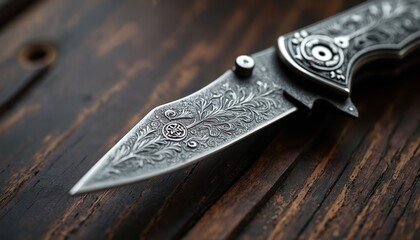 Close-up pocket knife blade with detailed floral design. Steel sharp metal edge, black silver colors. Antique dagger weapon, ancient cutting hunting tool on wooden background.