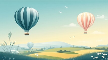 Obraz premium Hot air balloons drift gracefully above a sprawling field during a clear morning. Generative AI