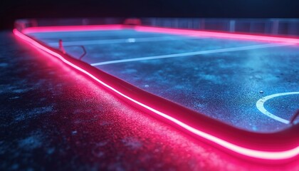 Virtual neon hockey rink top view render. Sportive game playground. Pink, blue glowing lines over black background. Abstract three-dimensional concept for game design.