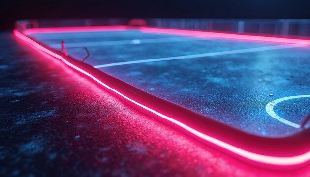 Virtual neon hockey rink top view render. Sportive game playground. Pink, blue glowing lines over black background. Abstract three-dimensional concept for game design.