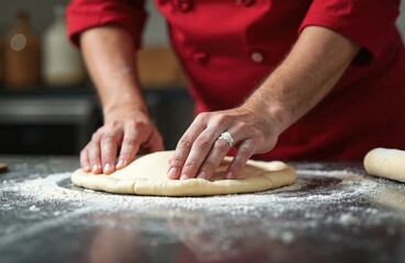 Pizzaiolo prepares pizza in the kitchen. The chef presses the dough with his hands. Italian food preparation. Dough, flour, ingredient on table for cooking.