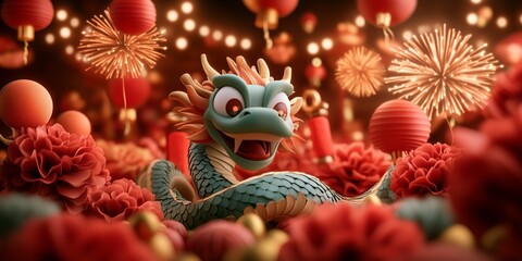 Fototapeta premium Vibrant celebration of Chinese New Year with colorful decorations and a festive dragon