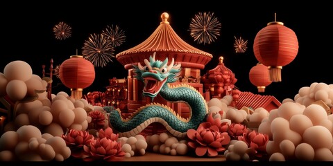 Obraz premium Vibrant display of traditional elements celebrating Chinese New Year with colorful lanterns and a majestic dragon