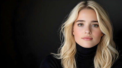 Fototapeta premium Blonde woman portrait, turtleneck, dark background, studio shot, for beauty ads