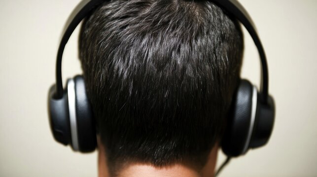 Person wearing black over ear headphones listening to audio
