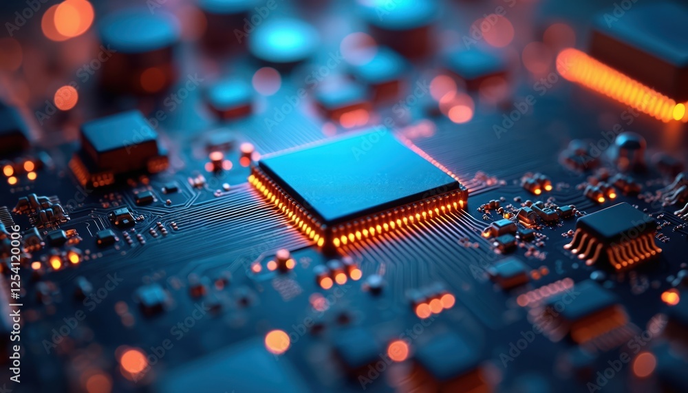 Aufkleber close-up of detailed glowing electronic circuit board with microchips. macro photography of computer