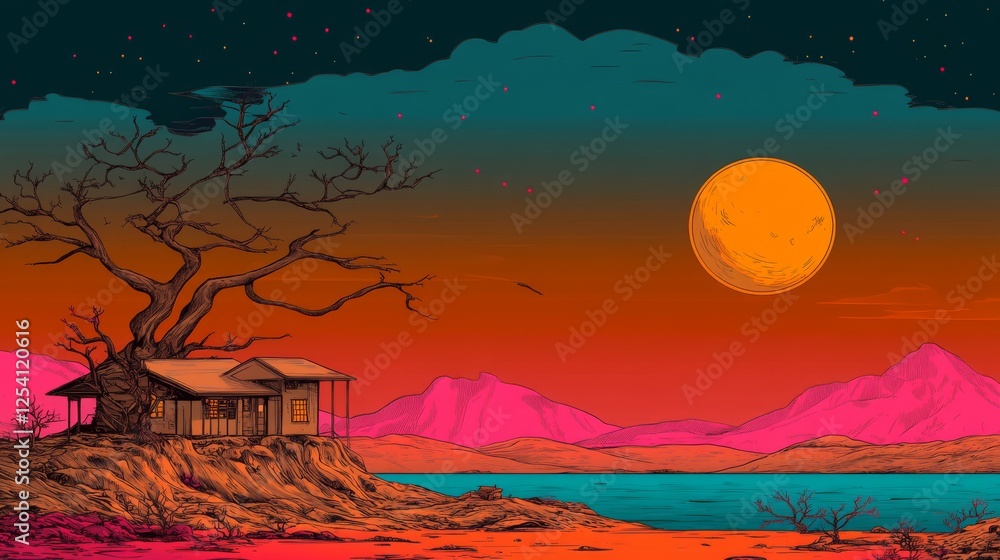 Poster a colorful scene showing a house set against a backdrop of clouds and mountains