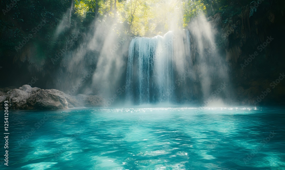 Poster sunlight filters through trees, illuminating a hidden waterfall and turquoise pool