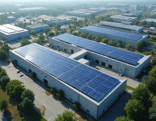 Aerial view of industrial buildings with solar panels on rooftops. Sustainable energy solution for commercial real estate. Green power generation for urban environment on sunny day.