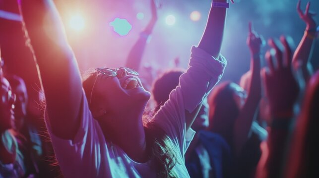 Group of Friends Having Fun at Music Festival A group of friends enjoying live music at a music festival, dancing, singing, and celebrating with vibrant energy.