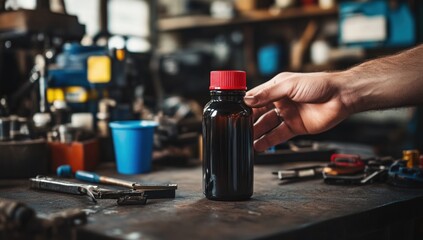 Mechanic's Hand Reaching for Bottle of Dark Fluid in a Workshop