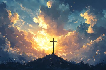 Fototapeta premium Resurrection scene with cross and golden light breaking through clouds
