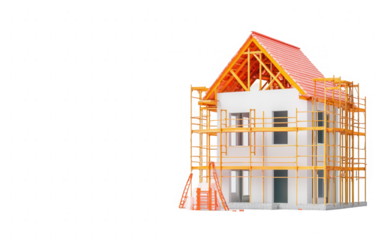 Construction site showing a partially built home with scaffolding and a red roof, featuring a clear view of exterior walls