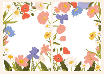 Spring cards set with flowers. Floral botanical elements with tulips, snowdrops, crocuses, lilies, poppy, daffodil, anemone. Vector illustration