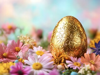 Fototapeta premium Golden Easter egg surrounded by flowers on pastel background