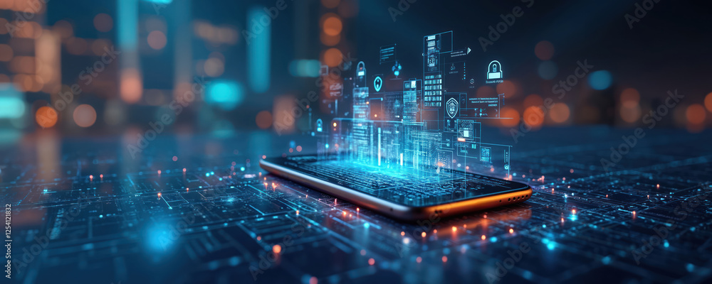 Aufkleber Illustration of cybersecurity on mobile platform. Digital financial transactions protected with login, password, secure connection, shield verification. Biometric fingerprint scan authentication.