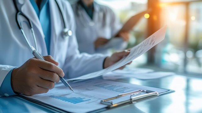 Doctors Collaborating on Surgery Plans in Hospital A team of doctors collaborating and reviewing surgery plans, discussing medical charts and patient records.