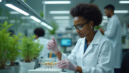 African woman biologist takes genetic solution from test tube with micropipette, puts in petri dish analyzing gmo of sapling in laboratory. Biological research, scientific expertise.